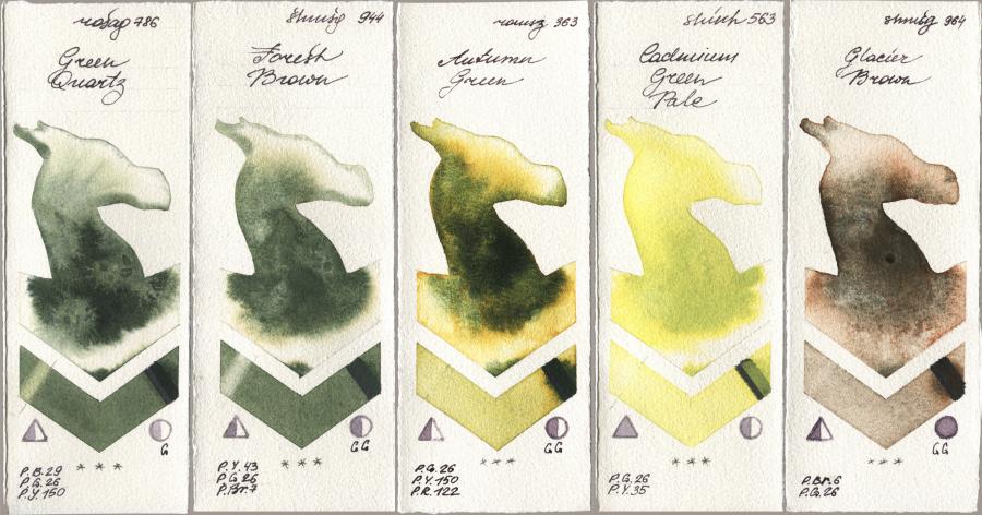 Rosa Gallery 786 Green Quartz, Shminke Horadam Aquarell 944 Forest Brown, Roman Szmal Aquarius 363 Autumn Green, Shinhan PWC 563 Cadmium Green Pale, 964 Glacier Bro watercolor swatch