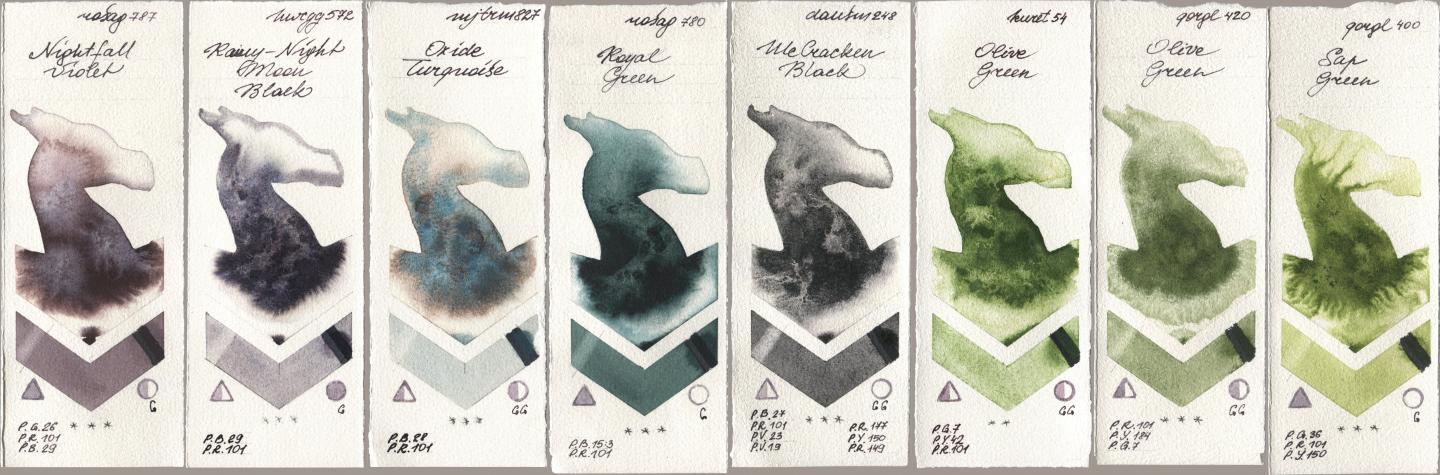 Rosa Gallery 787 Nightfall Violet, Holbein Artists Watercolor 572 Rainy-Night Moon Back, Mijello Mission Gold 827 Oxide Turquoise, 780 Royal Green, Daniel Smith 248 McCracken Black, Kuretake Gansai Tambi 054 Olive Green, Golden QOR 420 Olive Green, 400 Sap Gre watercolor swatch