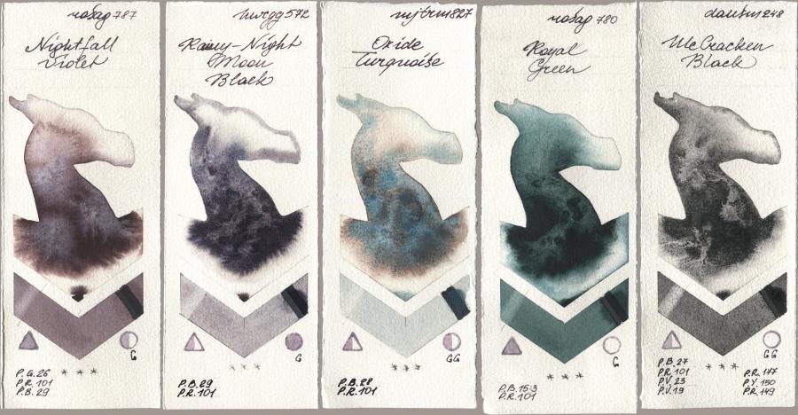 Rosa Gallery 787 Nightfall Violet, Holbein Artists Watercolor 572 Rainy-Night Moon Back, Mijello Mission Gold 827 Oxide Turquoise, 780 Royal Green, Daniel Smith 248 McCracken Bla watercolor swatch