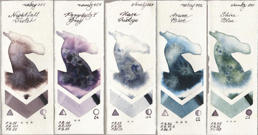 Rosa Gallery 787 Nightfall Violet, Roman Szmal Aquarius 401 Przybyszs Grey, Shminke Horadam Aquarell 968 Haze Indigo, 762 Azure Blue, 934 Shire Bl watercolor swatch