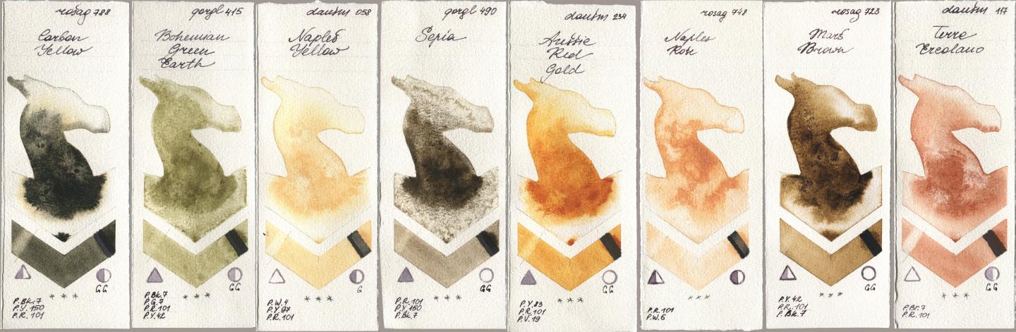Rosa Gallery 788 Carbon Yellow, Golden QOR 415 Bohemian Green Earth, Daniel Smith 058 Naples Yellow, 490 Sepia, 234 Aussie Red Gold, 748 Naples Rose, 723 Mars Brown, 117 Terre Ercola watercolor swatch