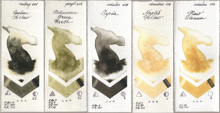 Rosa Gallery 788 Carbon Yellow, Golden QOR 415 Bohemian Green Earth, Winsor & Newton Professional 609 Sepia, Daniel Smith 058 Naples Yellow, 552 Raw Sien watercolor swatch