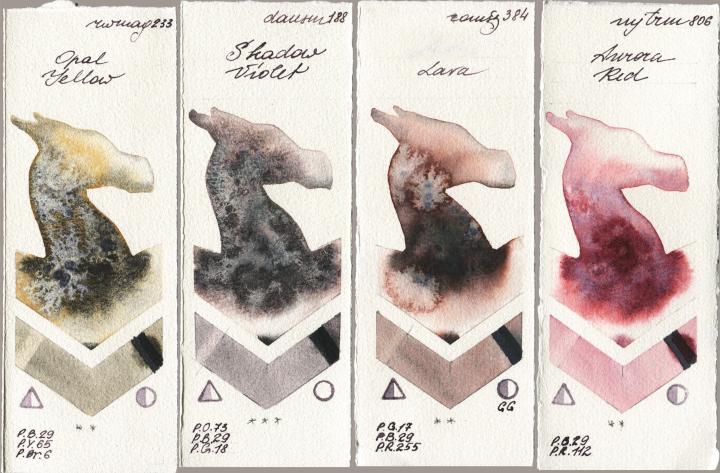 Rockwell 233 Opal Yellow vs Daniel Smith 188 Shadow Violet vs Roman Szmal Aquarius 384 Lava vs Mijello Mission Gold 806 Aurora Red watercolor swatch