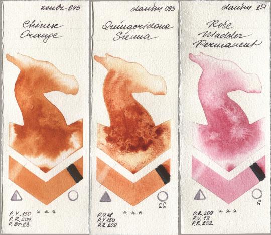 Sennelier l Aquarelle 645 Chinese Orange, Daniel Smith 093 Quinacridone Sienna, 237 Rose Madder Permane watercolor swatch
