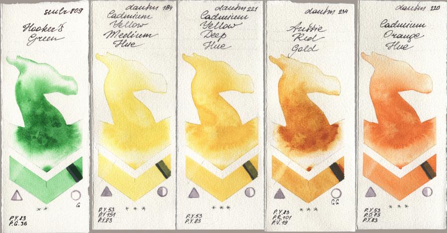 Sennelier l Aquarelle 809 Hookers Green, Daniel Smith 184 Cadmium Yellow Medium Hue, 221 Cadmium Yellow Deep Hue, 234 Aussie Red Gold, 220 Cadmium Orange H watercolor swatch