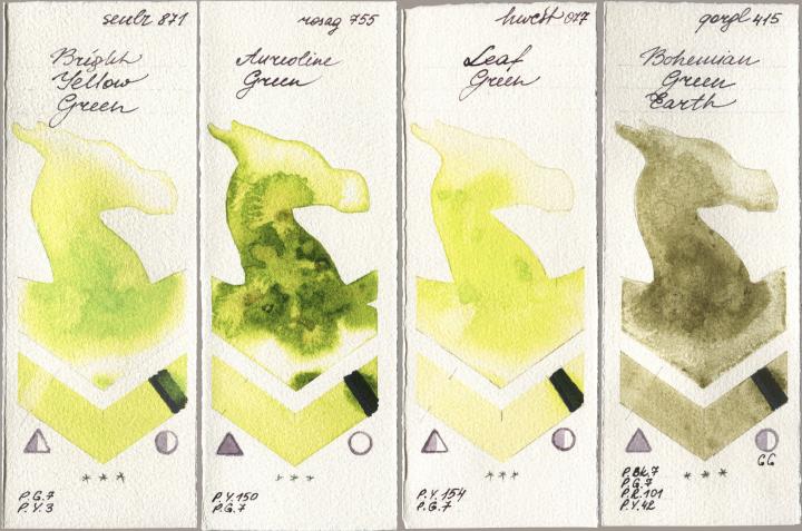 Sennelier l Aquarelle 871 Bright Yellow Green, Rosa Gallery 755 Aureoline Green, Holbein Artists Watercolor 077 Leaf Green, Golden QOR 415 Bohemian Green Ear watercolor swatch