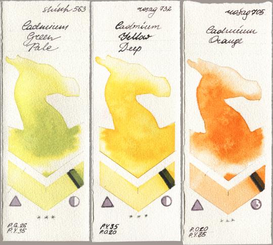 Shinhan PWC 563 Cadmium Green Pale, Rosa Gallery 732 Cadmium Yellow Deep, 705 Cadmium Oran watercolor swatch