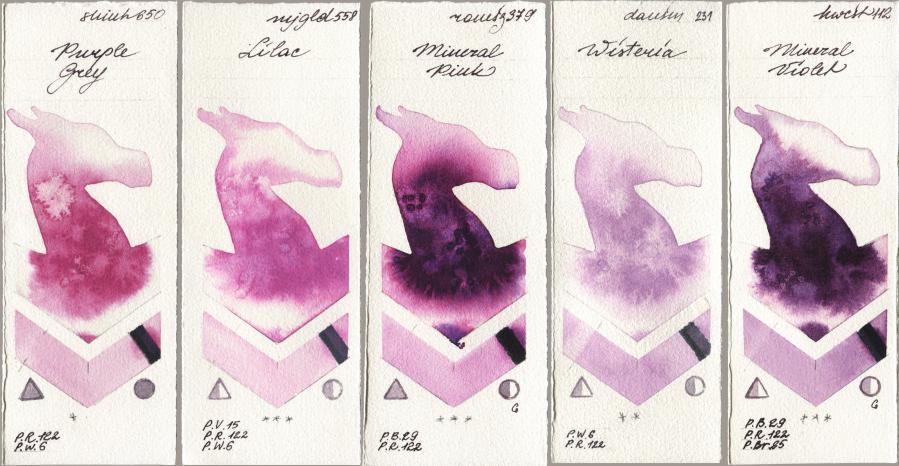 Shinhan PWC 650 Purple Grey, Mijello Mission Gold 558 Lilac, Roman Szmal Aquarius 379 Mineral Pink, Daniel Smith 231 Wisteria, Holbein Artists Watercolor 112 Mineral Viol watercolor swatch