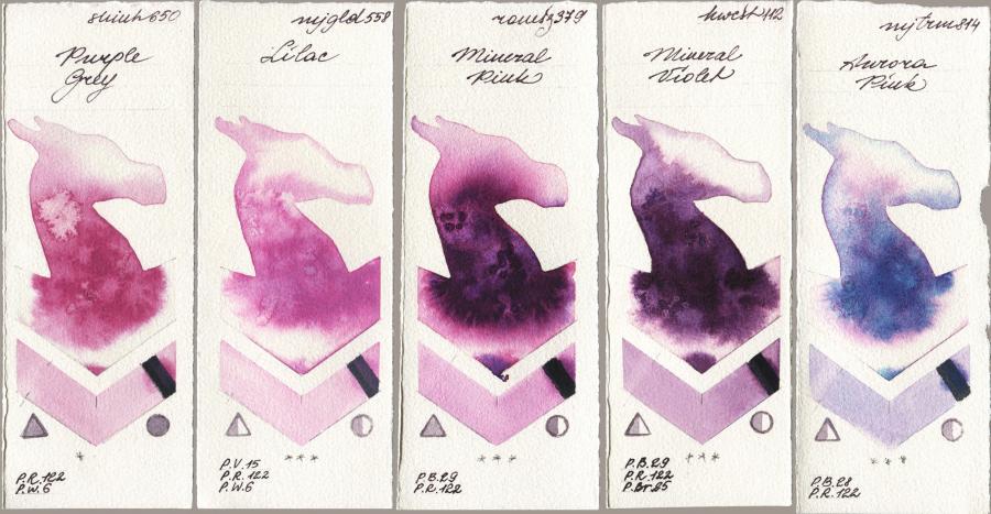 Shinhan PWC 650 Purple Grey vs Mijello Mission Gold 558 Lilac vs Roman Szmal Aquarius 379 Mineral Pink vs Holbein Artists Watercolor 112 Mineral Violet vs 814 Aurora Pink watercolor swatch