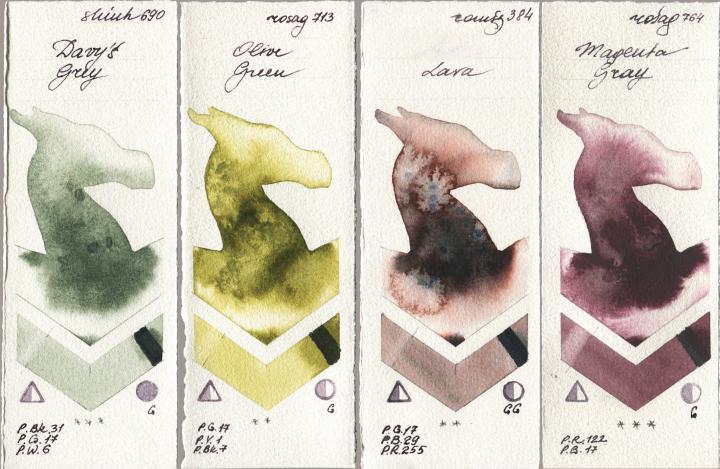 Shinhan PWC 690 Davys Grey, Rosa Gallery 713 Olive Green, Roman Szmal Aquarius 384 Lava, 764 Magenta Gr watercolor swatch