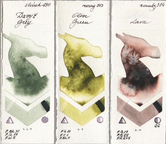 Shinhan PWC 690 Davys Grey vs Rosa Gallery 713 Olive Green vs Roman Szmal Aquarius 384 Lava watercolor swatch