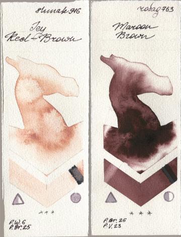 Shminke Akademie Aquarell 916 Icy Red-Brown, Rosa Gallery 763 Maroon Bro watercolor swatch