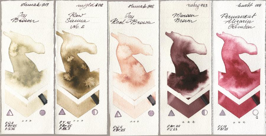 Shminke Akademie Aquarell 917 Icy Brown, Mijello Mission Gold 606 Raw Sienna No 2, 916 Icy Red-Brown, Rosa Gallery 763 Maroon Brown, Holbein Artists Watercolor 009 Permanent Alizarin Crims watercolor swatch