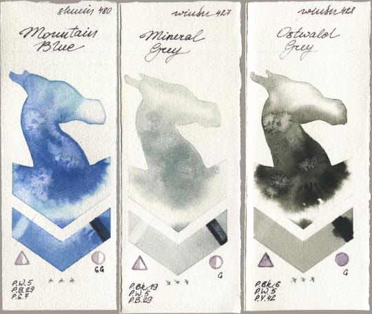 Shminke Horadam Aquarell 480 Mountain Blue, Winsor & Newton Professional 427 Mineral Grey, 428 Ostwald Gr watercolor swatch