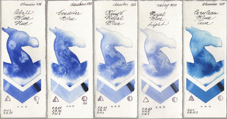 Shminke Horadam Aquarell 486 Cobalt Blue Hue, Daniel Smith 173 Verditer Blue, 252 King’s Royal Blue, Rosa Gallery 750 Royal Blue Light, 481 Cerulean Blue To watercolor swatch