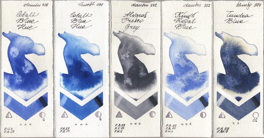 Shminke Horadam Aquarell 486 Cobalt Blue Hue, Holbein Artists Watercolor 091 Cobalt Blue Hue, Daniel Smith 242 Alvaros Fresco Grey, 252 King’s Royal Blue, 984 Tundra Bl watercolor swatch