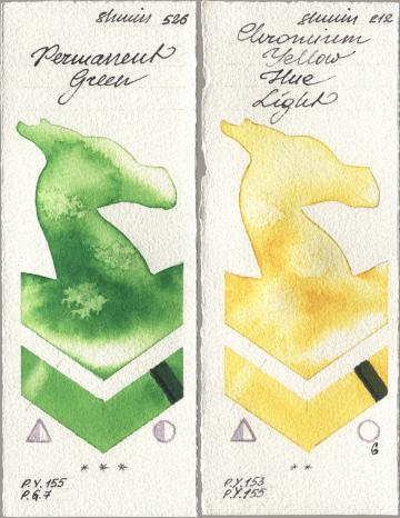 Shminke Horadam Aquarell 526 Permanent Green, 212 Chromium Yellow Hue Lig watercolor swatch