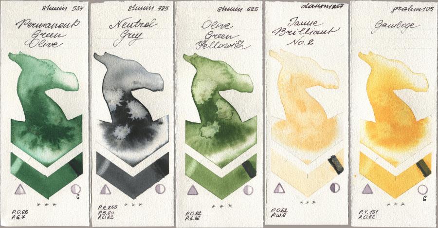 Shminke Horadam Aquarell 534 Permanent Green Olive, 785 Neutral Grey, 525 Olive Green Yellowish, Daniel Smith 257 Jaune Brilliant No 2, M. Graham & Co. Artists 105 Gambo watercolor swatch