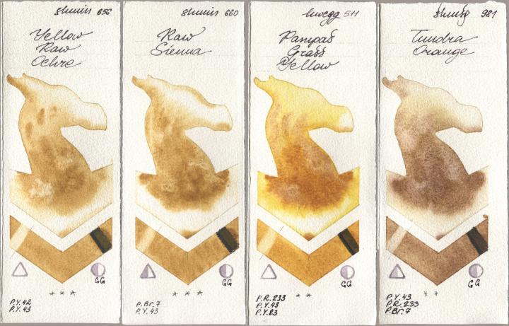 Shminke Horadam Aquarell 656 Yellow Raw Ochre, 660 Raw Sienna, Holbein Artists Watercolor 511 Pampas Grass Yellow, 981 Tundra Oran watercolor swatch