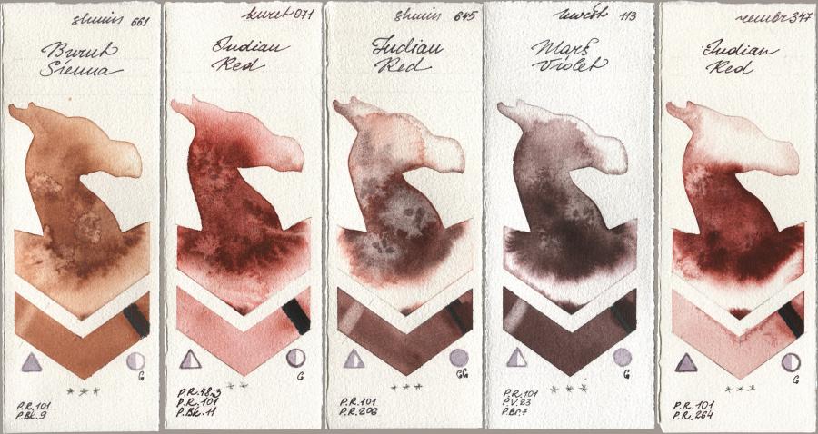Shminke Horadam Aquarell 661 Burnt Sienna, Kuretake Gansai Tambi 071 Indian Red, 645 Indian Red, Holbein Artists Watercolor 113 Mars Violet, Royal Talens Rembrandt Watercolour 347 Indian R watercolor swatch