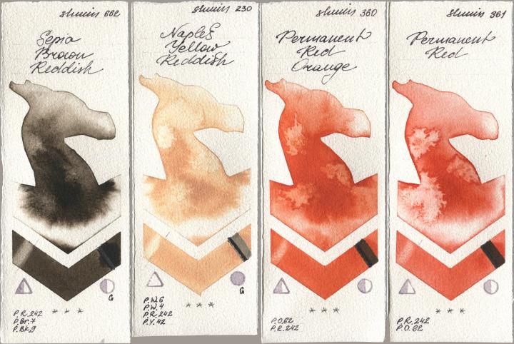 Shminke Horadam Aquarell 662 Sepia Brown Reddish, 230 Naples Yellow Reddish, 360 Permanent Red Orange, 361 Permanent R watercolor swatch