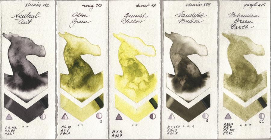 Shminke Horadam Aquarell 782 Neutral Tint, Rosa Gallery 713 Olive Green, Kuretake Gansai Tambi 048 Greenish Yellow, 669 Vandyke Brown, Golden QOR 415 Bohemian Green Ear watercolor swatch