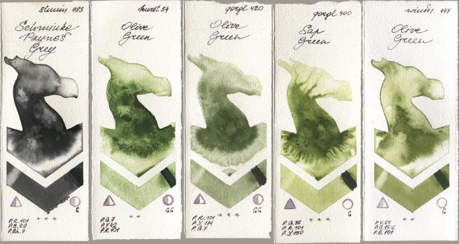 Shminke Horadam Aquarell 783 Schmincke Paynes Grey, Kuretake Gansai Tambi 054 Olive Green, Golden QOR 420 Olive Green, 400 Sap Green, Winsor & Newton Professional 447 Olive Gre watercolor swatch