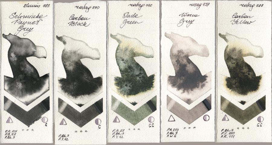 Shminke Horadam Aquarell 783 Schmincke Paynes Grey, Rosa Gallery 770 Carbon Black, 766 Jade Green, 759 Warm Grey, 788 Carbon Yell watercolor swatch