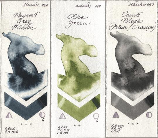 Shminke Horadam Aquarell 787 Paynes Grey Bluish, Winsor & Newton Professional 447 Olive Green, Daniel Smith 250 Janes Black (Blue/Orang watercolor swatch