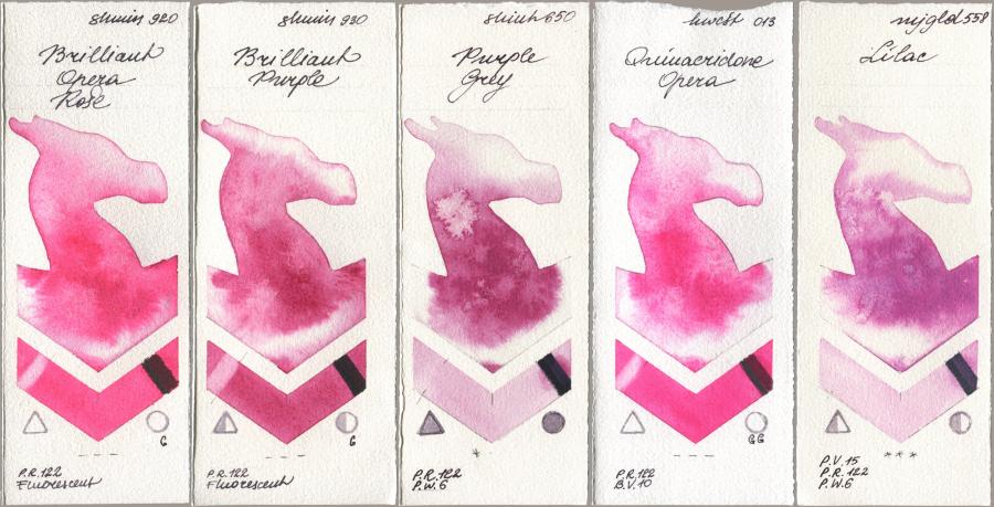 Shminke Horadam Aquarell 920 Brilliant Opera Rose, 930 Brilliant Purple, Shinhan PWC 650 Purple Grey, Holbein Artists Watercolor 013 Opera (Quinacridone Opera), Mijello Mission Gold 558 Lil watercolor swatch