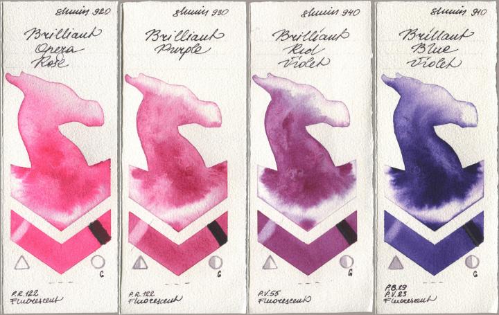 Shminke Horadam Aquarell 920 Brilliant Opera Rose, 930 Brilliant Purple, 940 Brilliant Red Violet, 910 Brilliant Blue Viol watercolor swatch