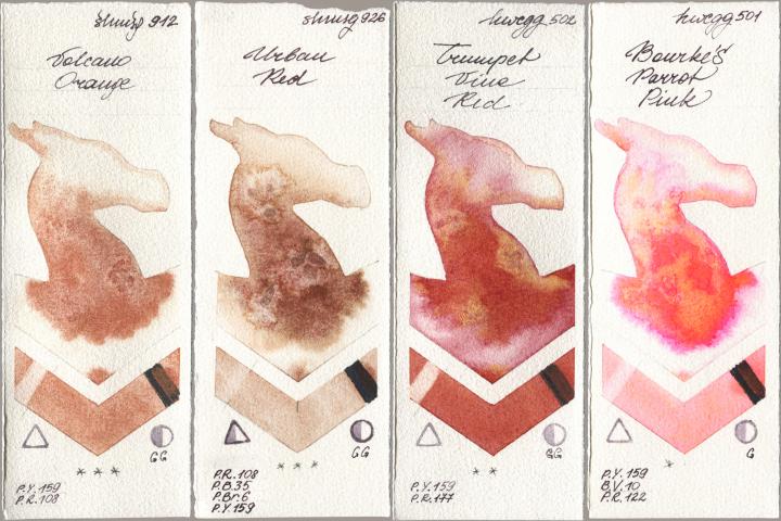 Shminke Horadam Aquarell 912 Volcano Orange, 926 Urban Red, Holbein Artists Watercolor 502 Trumpet Vine Red, 501 Bourkes Parrot Pi watercolor swatch