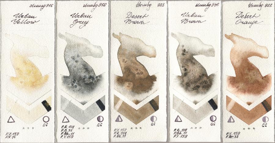 Shminke Horadam Aquarell 916 Urban Yellow, 956 Urban Grey, 923 Desert Brown, 946 Urban Brown, 922 Desert Oran watercolor swatch