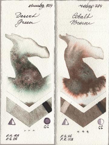 Shminke Horadam Aquarell 924 Desert Green, Rosa Gallery 784 Cobalt Bro watercolor swatch