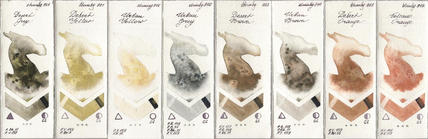 Shminke Horadam Aquarell 925 Desert Grey, 921 Desert Yellow, 916 Urban Yellow, 956 Urban Grey, 923 Desert Brown, 946 Urban Brown, 922 Desert Orange, 912 Volcano Oran watercolor swatch