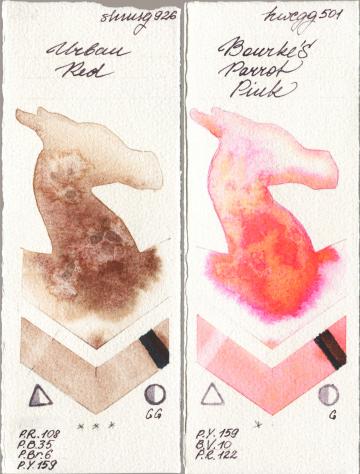 Shminke Horadam Aquarell 926 Urban Red, Holbein Artists Watercolor 501 Bourkes Parrot Pi watercolor swatch