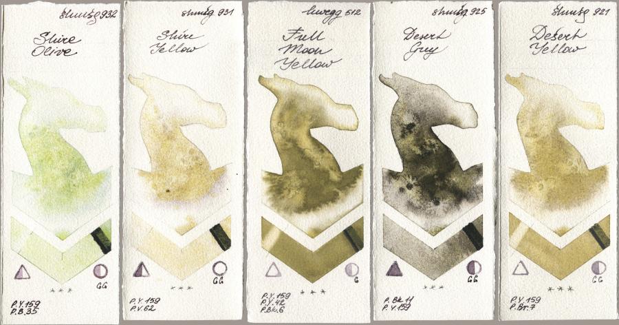 Shminke Horadam Aquarell 932 Shire Olive, 931 Shire Yellow, Holbein Artists Watercolor 512 Full Moon Yellow, 925 Desert Grey, 921 Desert Yell watercolor swatch