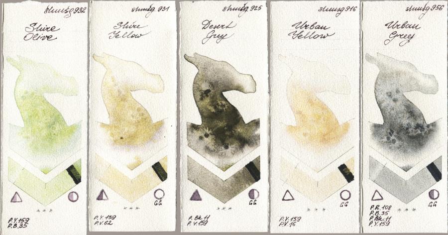 Shminke Horadam Aquarell 932 Shire Olive vs 931 Shire Yellow vs 925 Desert Grey vs 916 Urban Yellow vs 956 Urban Grey watercolor swatch