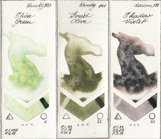 Shminke Horadam Aquarell 933 Shire Green, 941 Forest Olive, Daniel Smith 188 Shadow Viol watercolor swatch