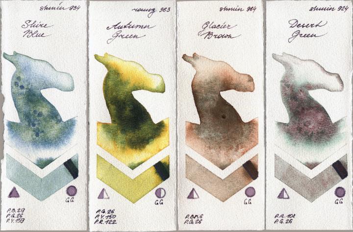 Shminke Horadam Aquarell 934 Shire Blue vs Roman Szmal Aquarius 363 Autumn Green vs 964 Glacier Brown vs 924 Desert Green watercolor swatch
