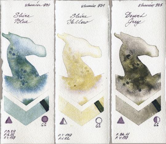 Shminke Horadam Aquarell 934 Shire Blue vs 931 Shire Yellow vs 925 Desert Grey watercolor swatch