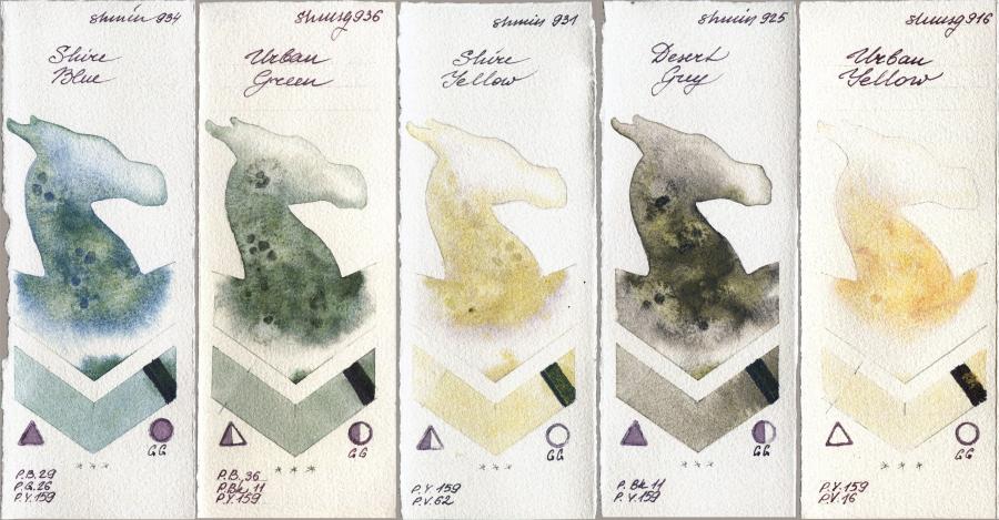 Shminke Horadam Aquarell 934 Shire Blue vs 936 Urban Green vs 931 Shire Yellow vs 925 Desert Grey vs 916 Urban Yellow watercolor swatch
