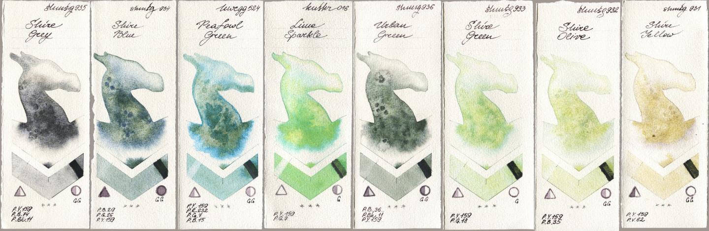 Shminke Horadam Aquarell 935 Shire Grey, 934 Shire Blue, Holbein Artists Watercolor 524 Peafowl Green, Kusakabe 016 Lime Sparkle, 936 Urban Green, 933 Shire Green, 932 Shire Olive, 931 Shire Yell watercolor swatch