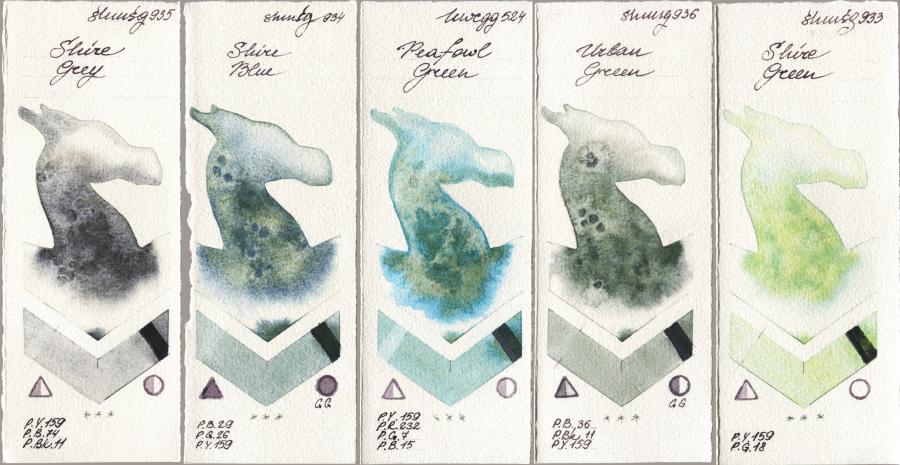 Shminke Horadam Aquarell 935 Shire Grey vs 934 Shire Blue vs Holbein Artists Watercolor 524 Peafowl Green vs 936 Urban Green vs 933 Shire Green watercolor swatch