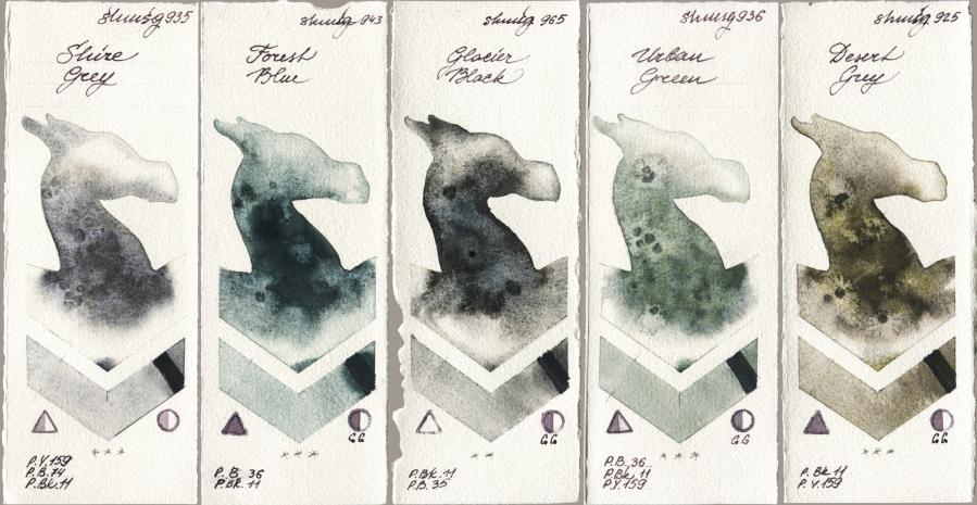 Shminke Horadam Aquarell 935 Shire Grey vs 943 Forest Blue vs 965 Glacier Black vs 936 Urban Green vs 925 Desert Grey watercolor swatch