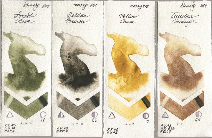 Shminke Horadam Aquarell 941 Forest Olive, Rosa Gallery 761 Golden Brown, 719 Yellow Ochre, 981 Tundra Oran watercolor swatch