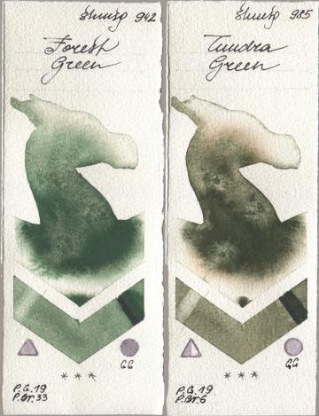 Shminke Horadam Aquarell 942 Forest Green, 985 Tundra Gre watercolor swatch