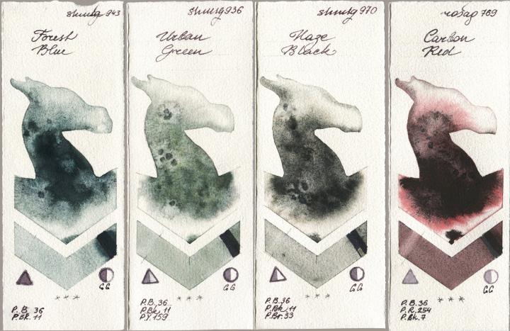 Shminke Horadam Aquarell 943 Forest Blue, 936 Urban Green, 970 Haze Black, Rosa Gallery 769 Carbon R watercolor swatch