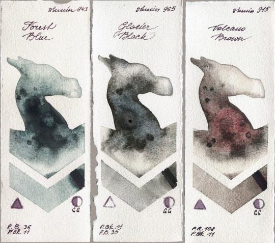 Shminke Horadam Aquarell 943 Forest Blue vs 965 Glacier Black vs 915 Volcano Brown watercolor swatch