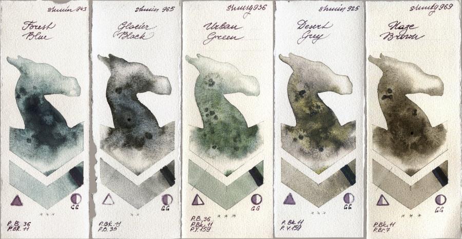 Shminke Horadam Aquarell 943 Forest Blue vs 965 Glacier Black vs 936 Urban Green vs 925 Desert Grey vs 969 Haze Brown watercolor swatch